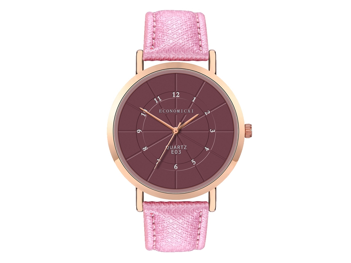 Relógio de quartzo unissex com pulseira de couro PU, mostrador redondo grande e moderno na cor rosa.