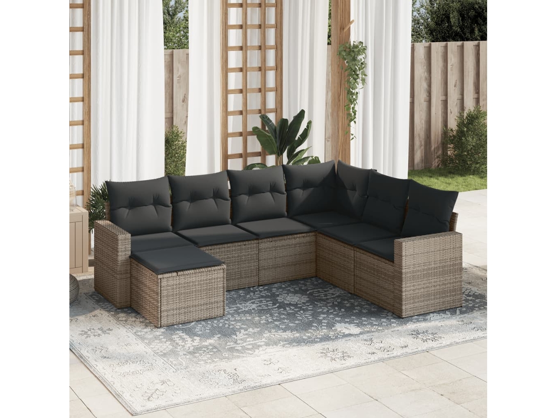 Vidaxl 7 Pcs Conjunto Sofás P/ Jardim C/ Almofadões Vime Pe Cinzento