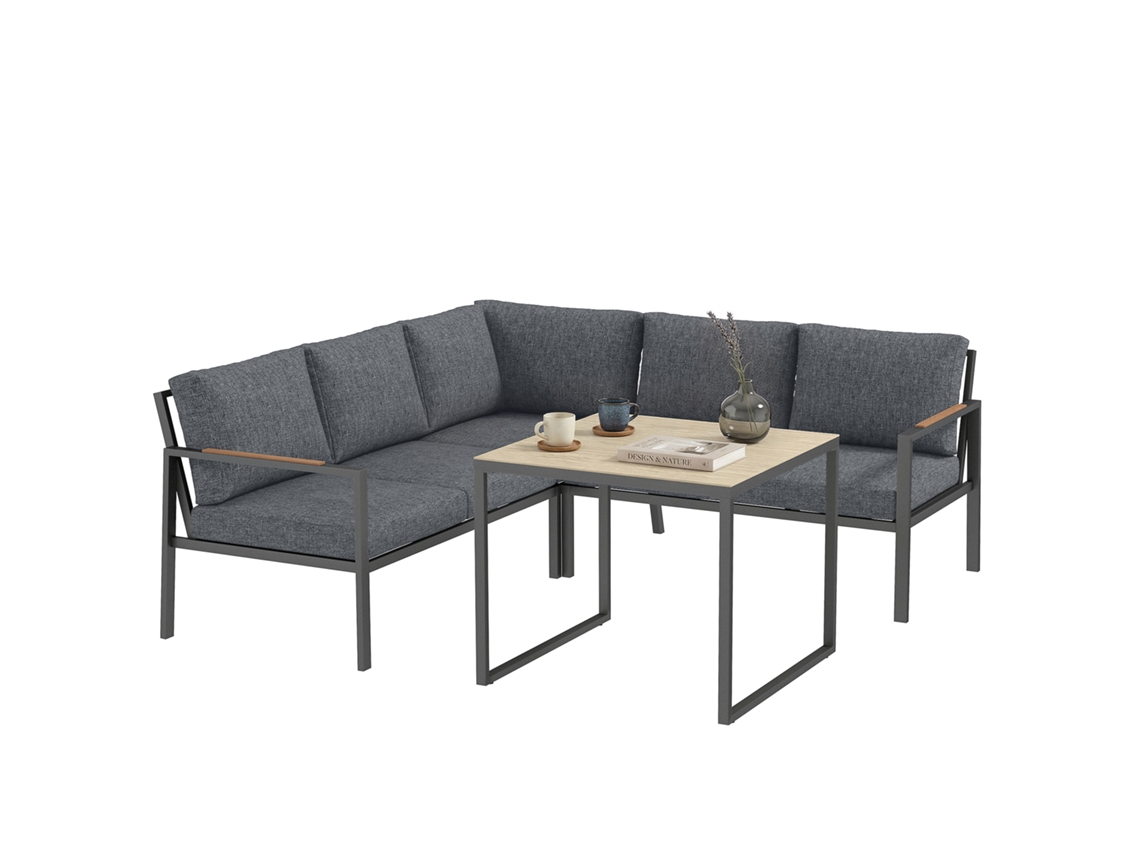 Móveis De Jardim Externos 3 Cômodos 5 Pessoas, 2 Sofás Com Almofadas Grossas, 1 Mesa De Centro, 183x183x72cm, Cinza Escuro