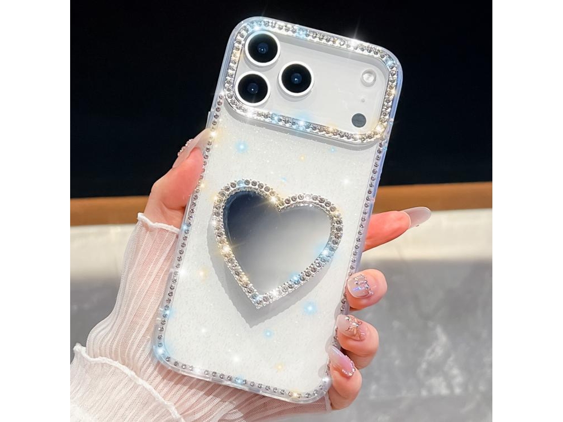 Capa Para Iphone 17 Pro Max Com Espelho Com Glitter De Diamante E Suporte Em Forma De Coração.