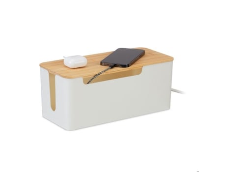 Extensor De Cabos Para 2 Multiplicadores, Tampa De Bambu, Plástico, Axlxp 13x31x14 Cm, Caixa, Branca Natural Relaxdays