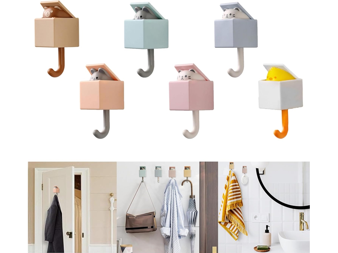 Conjunto de 6 Ganchos Adesivos Criativos e Fofos em Forma de Gato, Práticos e Resistentes para Pendurar Roupa e Chapéus DUREFORWARD