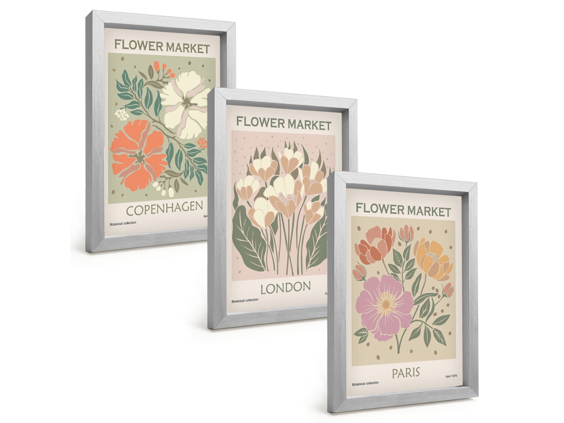Composição De Quadros Pôsteres Florais Copenhague Londres Paris Espelharte (3 Peças 20x30 Cm)