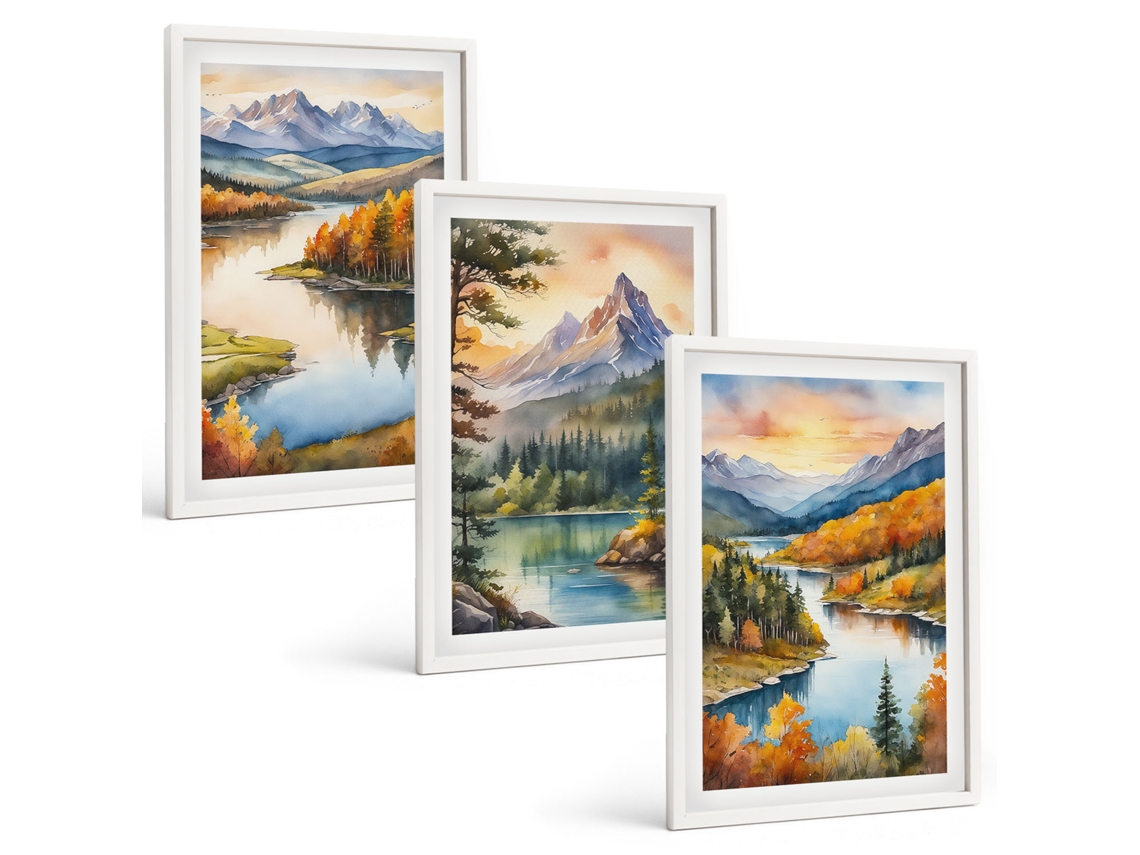 Pinturas Murais Modernas Paisagens De Montanha Com Rio Moldura Branca Pinturas De Quarto Espelharte (3 Piezas De 40x60 Cm)