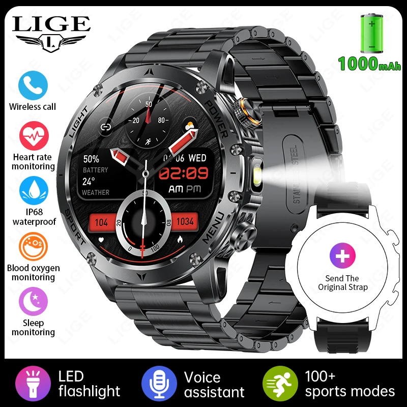 (preto Aço) Smartwatch Com Tela Hd À Prova D'água De 1,7 Polegadas, Lanterna Led E Monitoramento De Frequência Cardíaca.