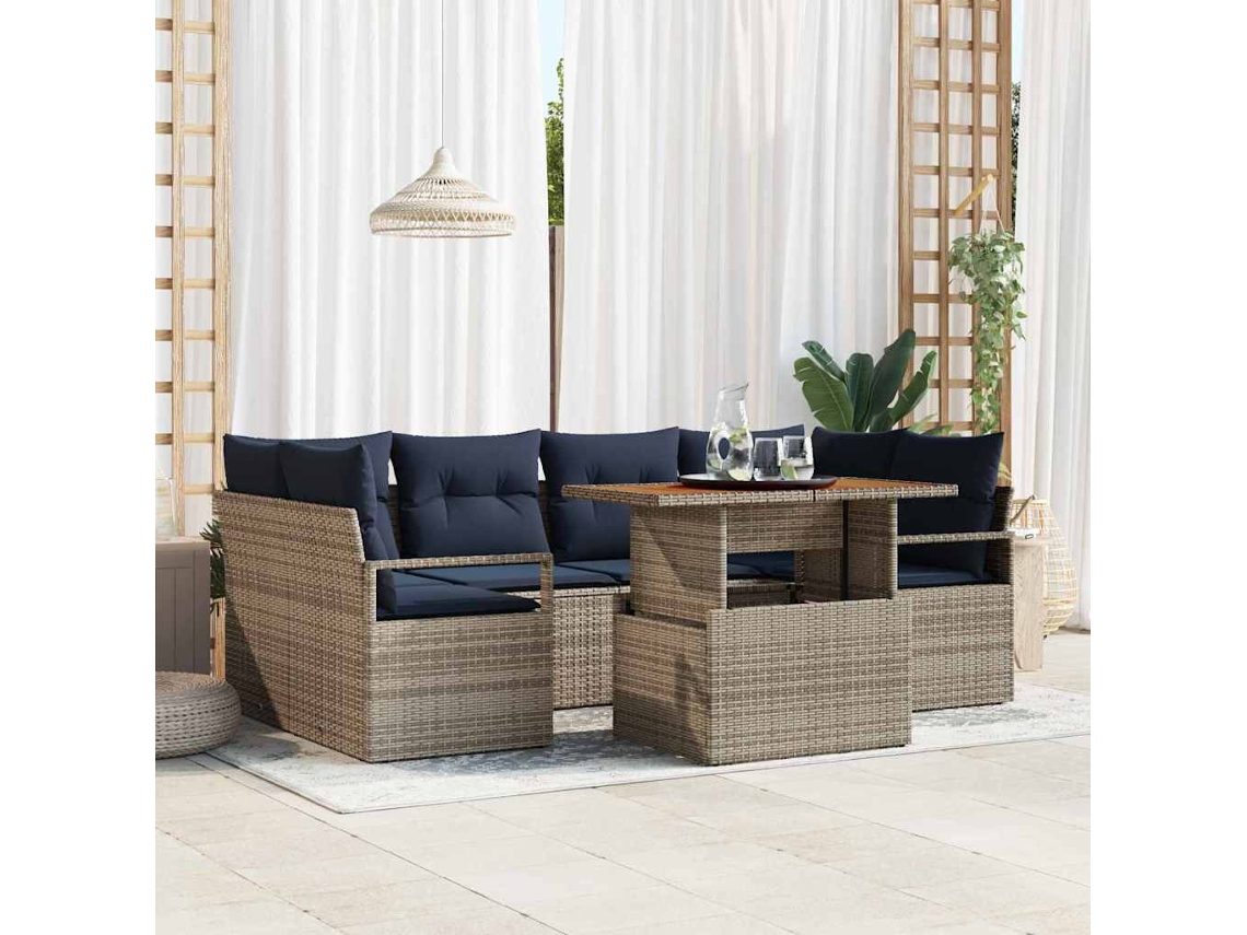 Vidaxl Conjunto De Sofá De Jardim Manual 7 Pcs Cinzento E Azul Marinho