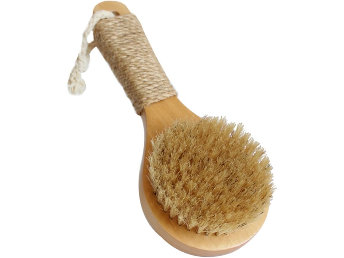 Escova De Banho Antiderrapante Fomiyes Com Cerdas Naturais Javali 20cm E Cabo Curto Madeira Para Esfoliação Corporal