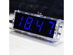 Kit para montar relógio digital LED de 4 dígitos com controle de luz, temperatura e caixa transparente.