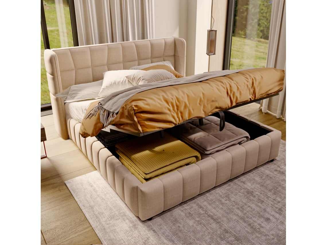 Cama Acolchoada Com Base Ripada E Encosto Em Linho Cor Bege Dimensoes 180 X 200 Cm Material Resistente E Confiavel