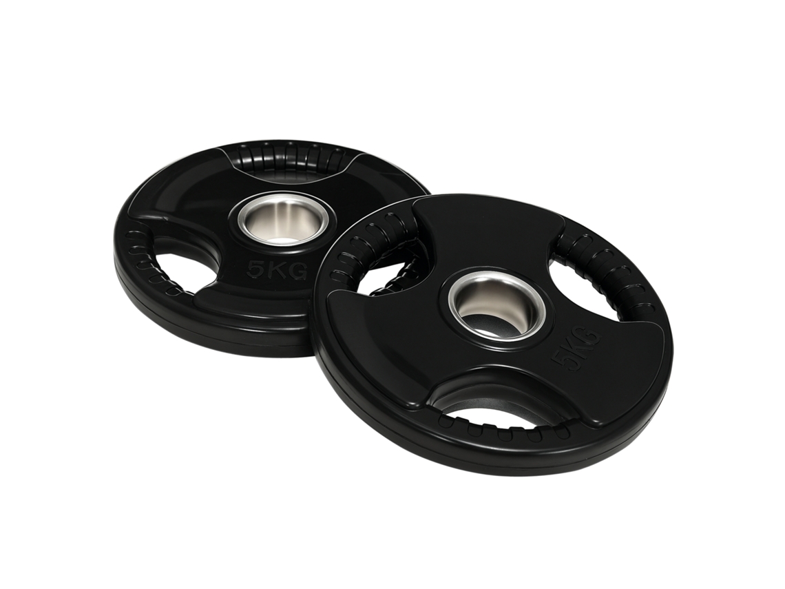 Disco de haltere de 5kg, kit 2 peças, com 3 pegas, revestimento de borracha, metal
