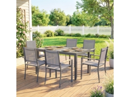 Mesa Retangular Para Área Externa 140x80x72cm Com 6 Cadeiras Empilháveis Em Textilene, Conjunto De Jardim 7 Peças Na Cor Cinza Com Visual De Madeira