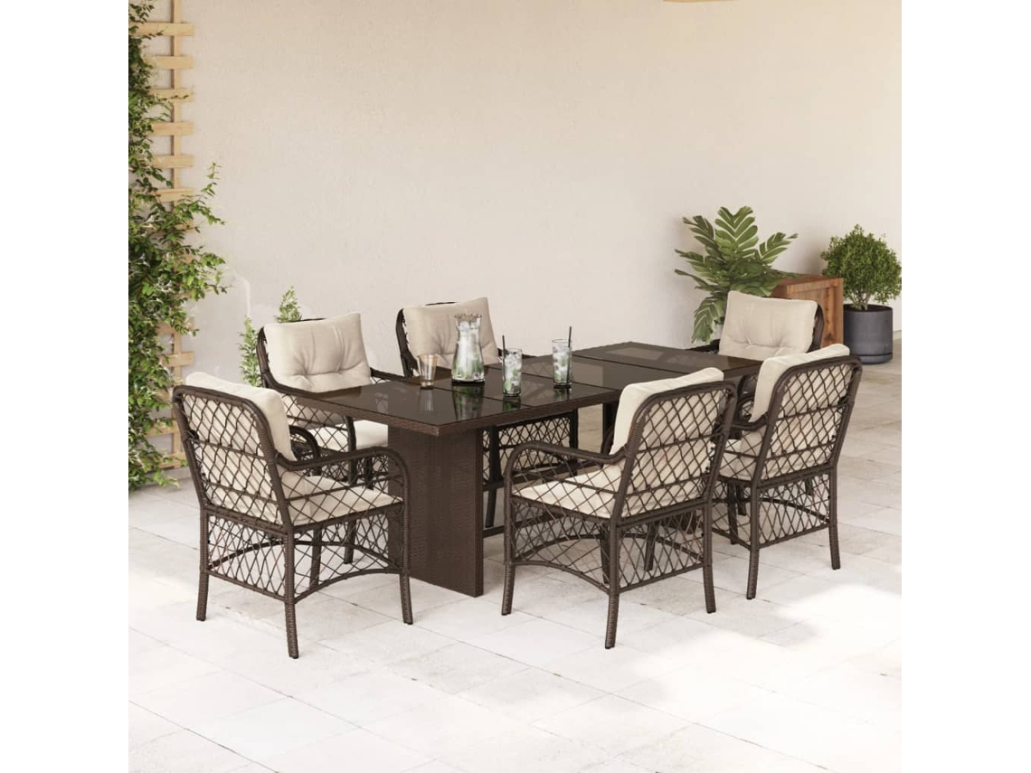Vidaxl 7 Pcs Conjunto Jantar P/ Jardim C/ Almofadões Vime Pe Castanho