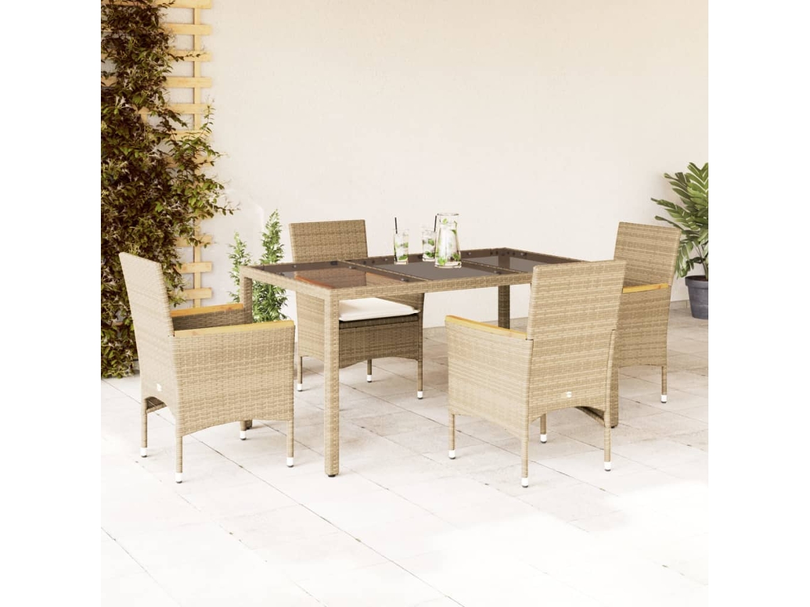 5 Pcs Conjunto Jantar Jardim Com Almofadões Vime Pe/vidro Bege Dkd Home Decor