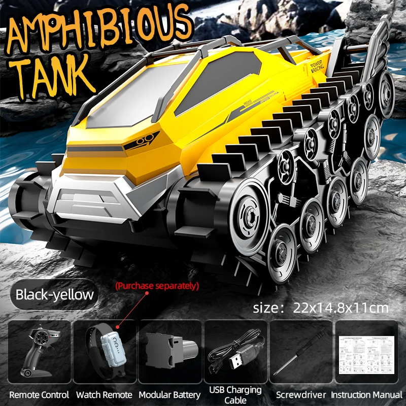 Carro Anfíbio com Controle Remoto 2.4g, Brinquedo Aquático Infantil para o Verão, Tanque Especial À Prova D'água com Esteiras MDUG (amarelo)