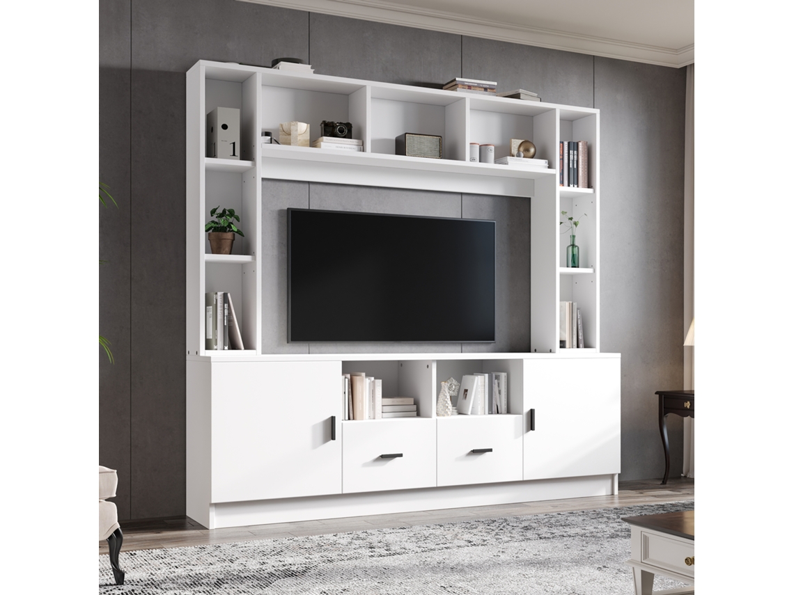 Conjunto Tv Parede Branco 180x35x170cm, Vitrine, 2 Armários, 2 Gavetas, 11 Compartimentos, Para 60". Cs
