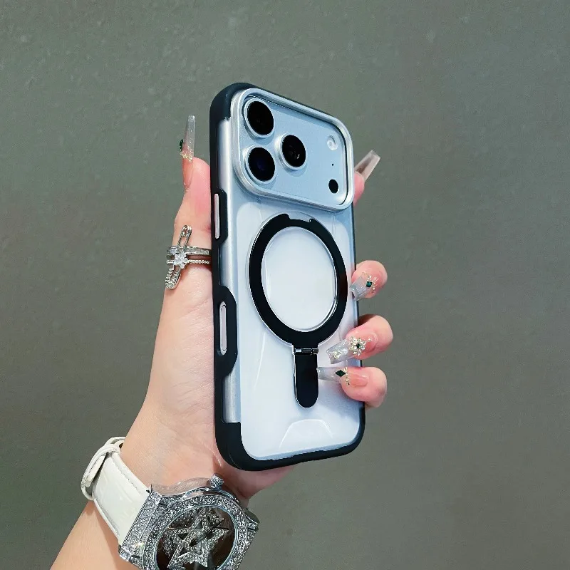 Capa Magnética Para Iphone 16 Pro (preta) Com Suporte De Anel De Metal Transparente E Acabamento Fosco.