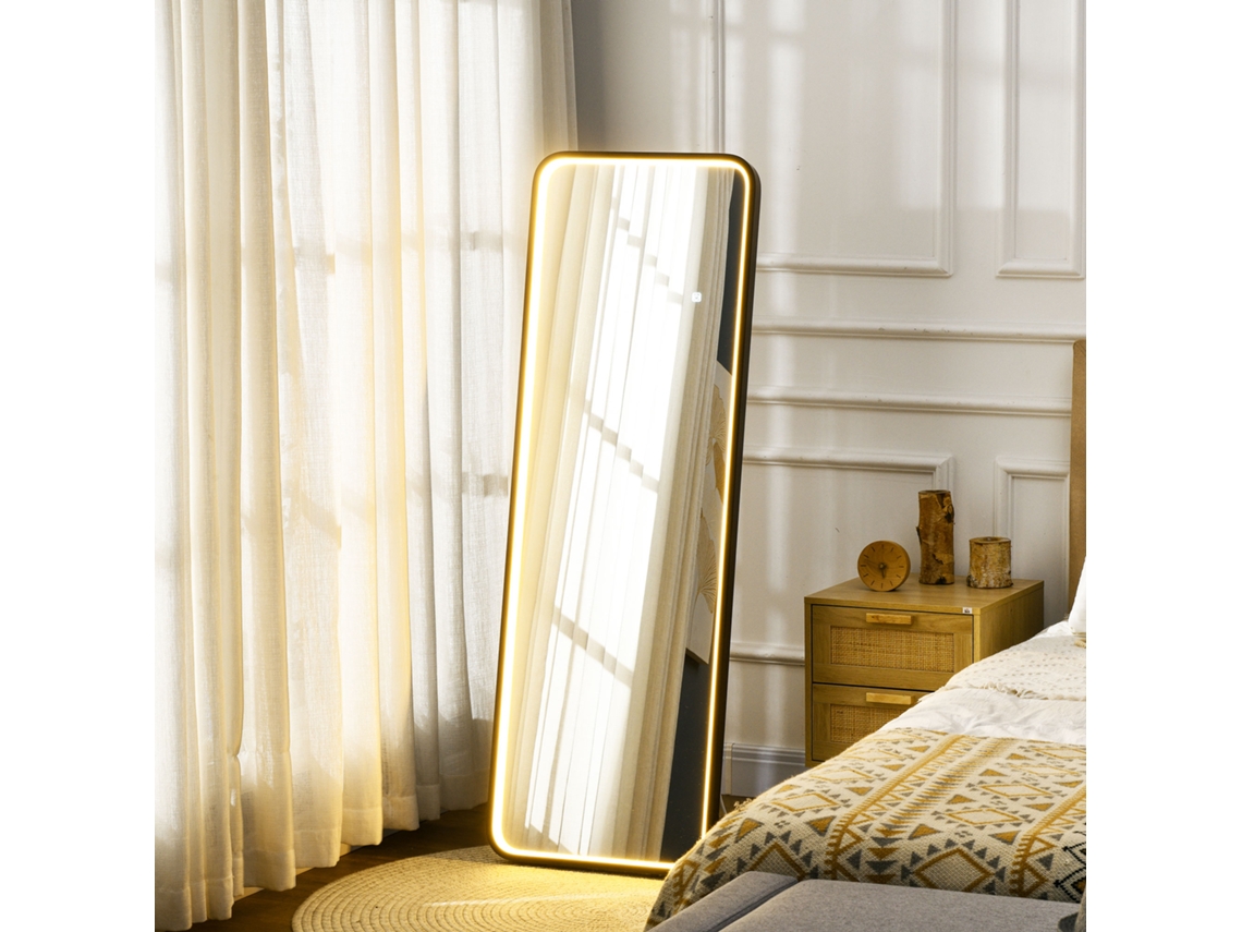 Espelho de Corpo Inteiro com Luzes Led, 151,5 X 50 Cm, na Cor Preta, com Iluminação Ajustável e Função de Memória para Pé
