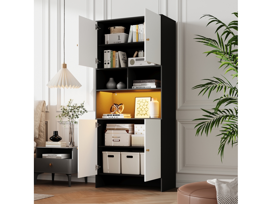 Armário/aparador Multifuncional Com 4 Portas E 3 Compartimentos Abertos. Em Dois Tons De Preto E Branco, Feito Em Madeira. Ideal Para Sala De Estar