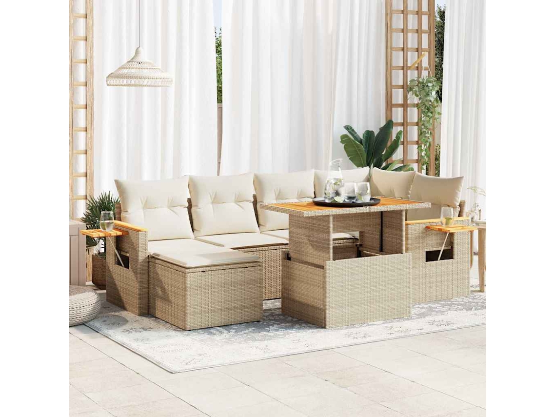 Vidaxl 7 Pcs Conjunto Sofás Jardim com Almofadões Vime Pe/acácia Bege