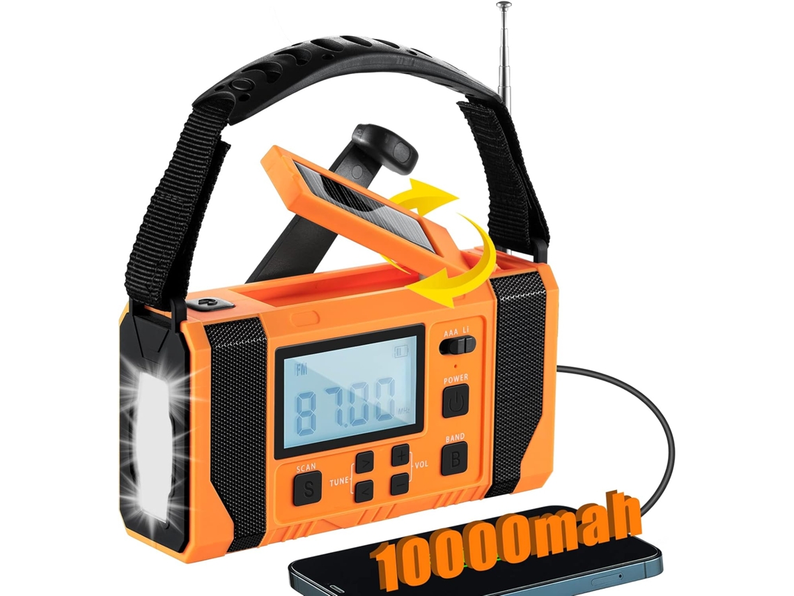 Rádio de emergência com células solares e manivela, lanterna de 10000mah com AM/FM, alarme SOS, laranja AQUAFORGE