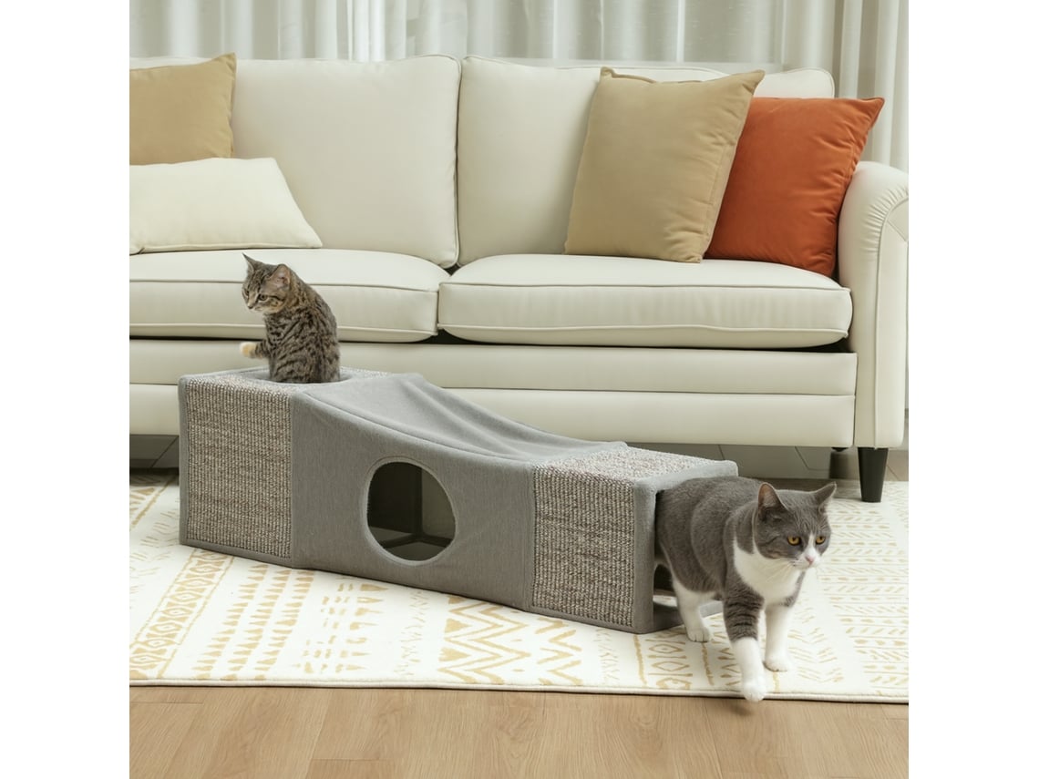Túnel Para Gatos Com 2 Cavernas, Superfícies Para Arranhar E Bolinhas Interativas, 98x30x30 Cm, Nas Cores Marrom E Cinza