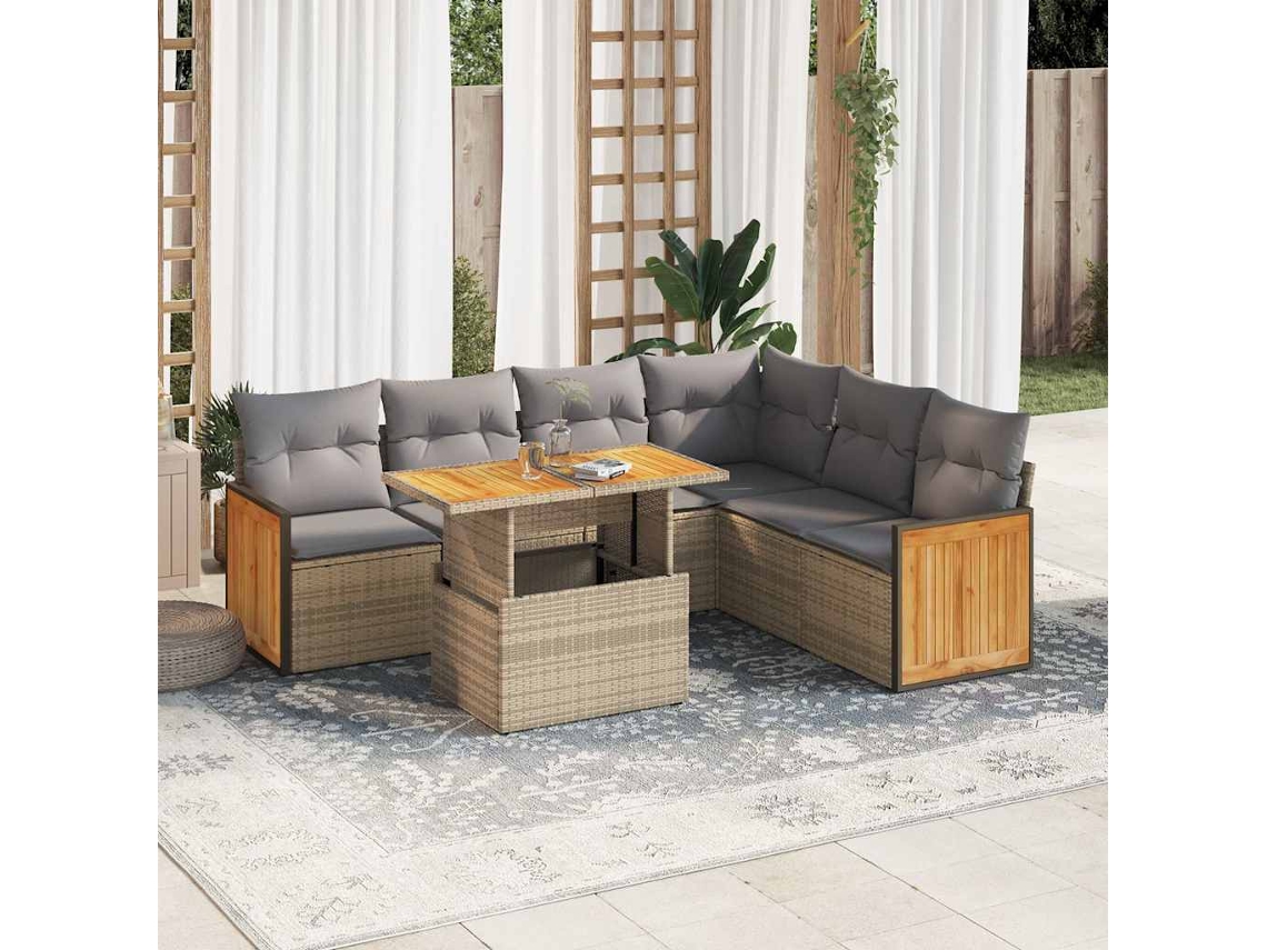 Vidaxl 7 Pcs Conjunto Sofás Jardim Com Almofadões Vime Pe/acácia Bege