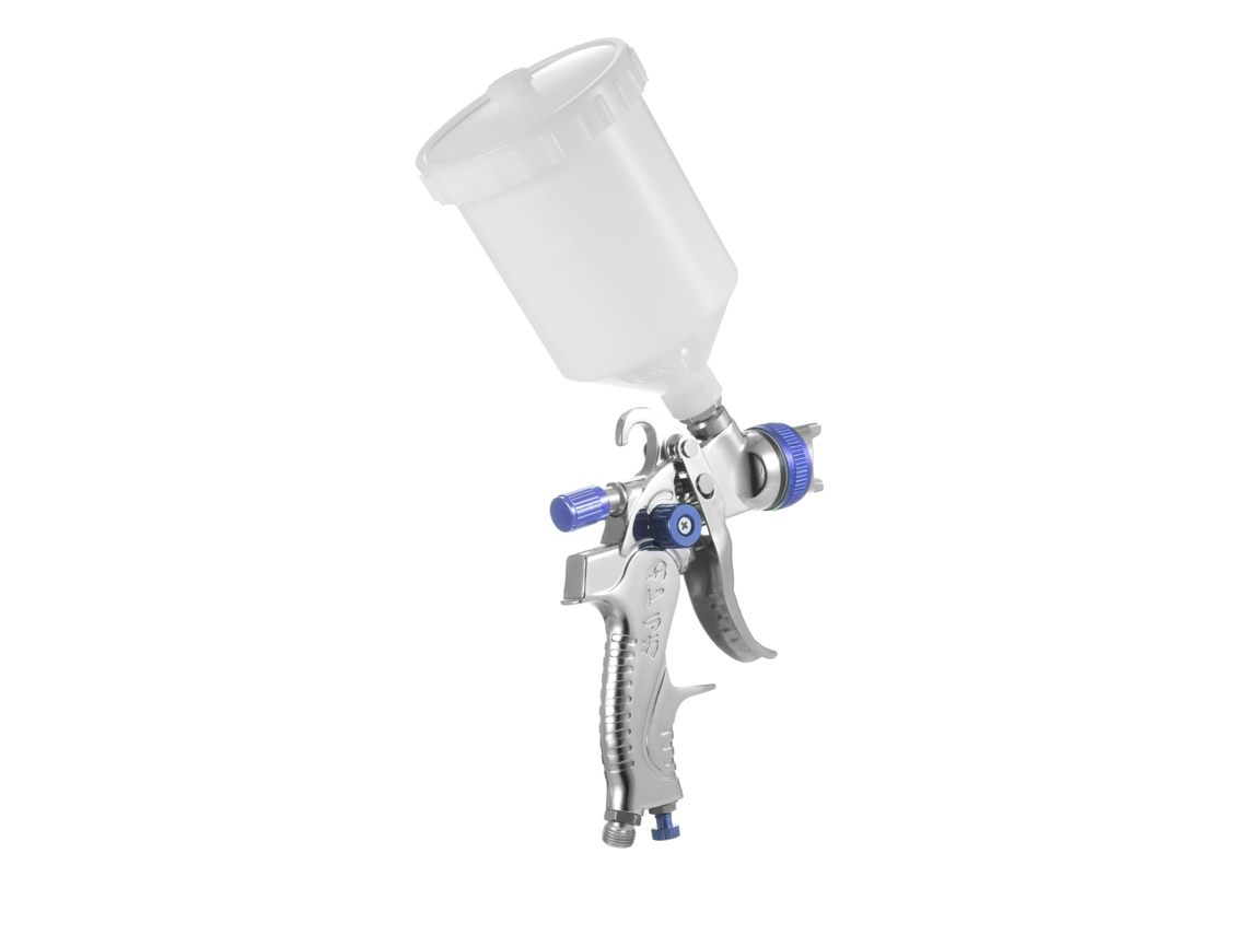 Pistola de pintura HVLP com alimentação por gravidade, copo de 600ml e bico de 1,4mm para pintura de carros, móveis e paredes.