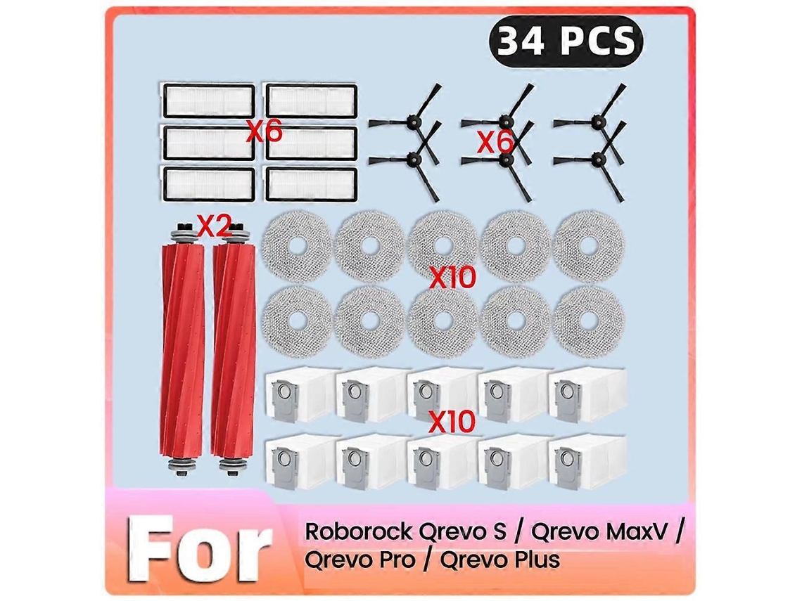 34pcs Main Side Brush Filters Mop Dust Bags For Qrevo Pro/qrevo Maxv/qrevo S/qrevo Plus Vacuum Clea