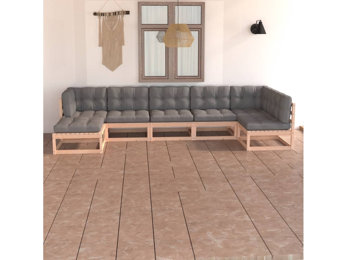 Vidaxl 7 Pcs Conjunto Lounge De Jardim C/ Almofadões Pinho Maciço