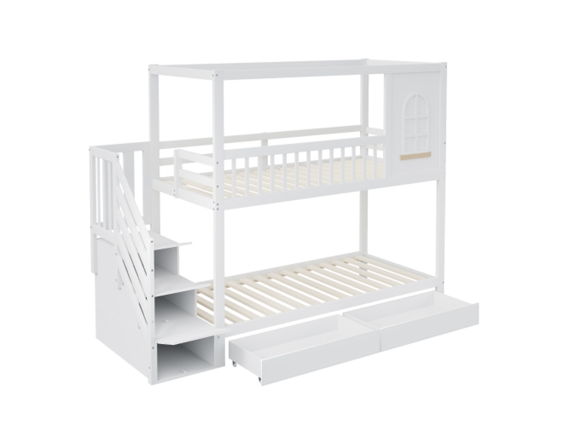 Beliche Infantil, 90*200cm, Cama De Casal Em Madeira Maciça, Formato De Casinha Com Janelas, Design Com Grade De Segurança, Branca