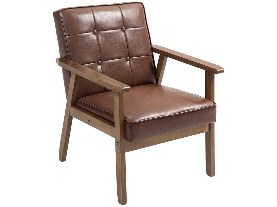 Poltrona Sala Castanho 64x73x81 Cm Couro Sintético Com Encosto Tufado Pernas Madeira Maciça