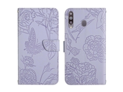 Capa De Couro Com Relevo E Estampa De Borboleta E Peônia Para Samsung Galaxy A20s