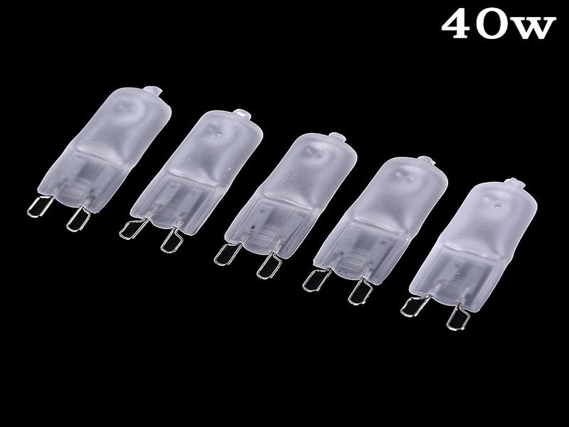 Kit com 5 lâmpadas halógenas Lurelia G9 20/40/60w 220v, dimerizáveis, acabamento Fos, para uso interno.