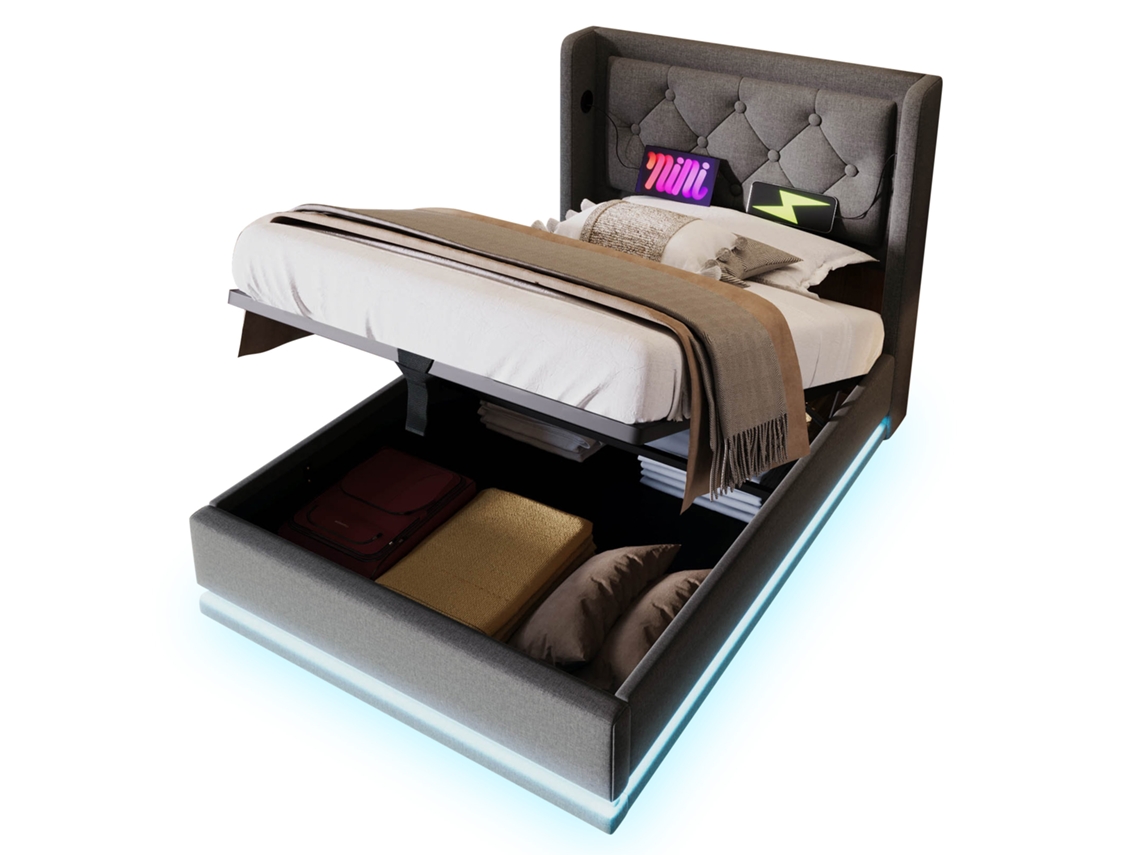 Cama de casal estofada 90x200cm em algodão cinza, com sistema hidráulico, cabeceira Usb tipo c, iluminação led, colchão incluído PAPRIKA