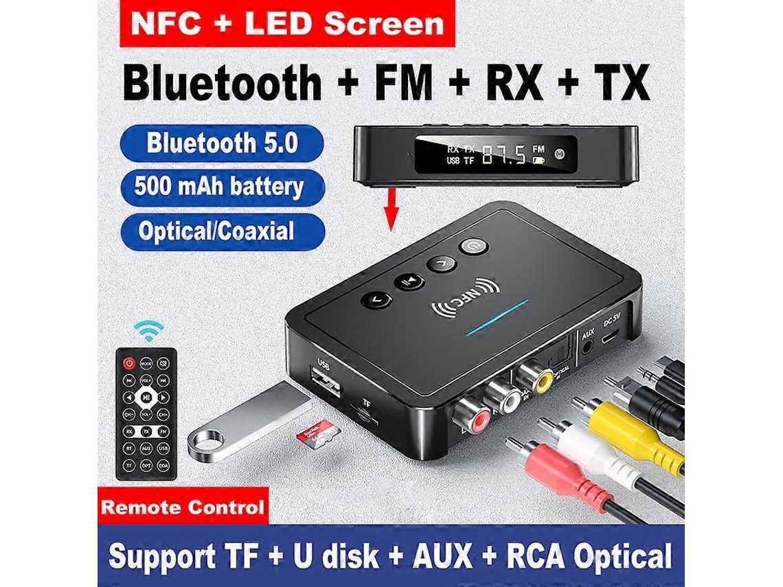 Transmissor E Receptor Bluetooth 5.0 Fm Com Áudio Estéreo, Entrada Auxiliar (aux), Conector De 3,5 Mm, Rca E Óptica. Adaptador Bluetooth Sem Fio