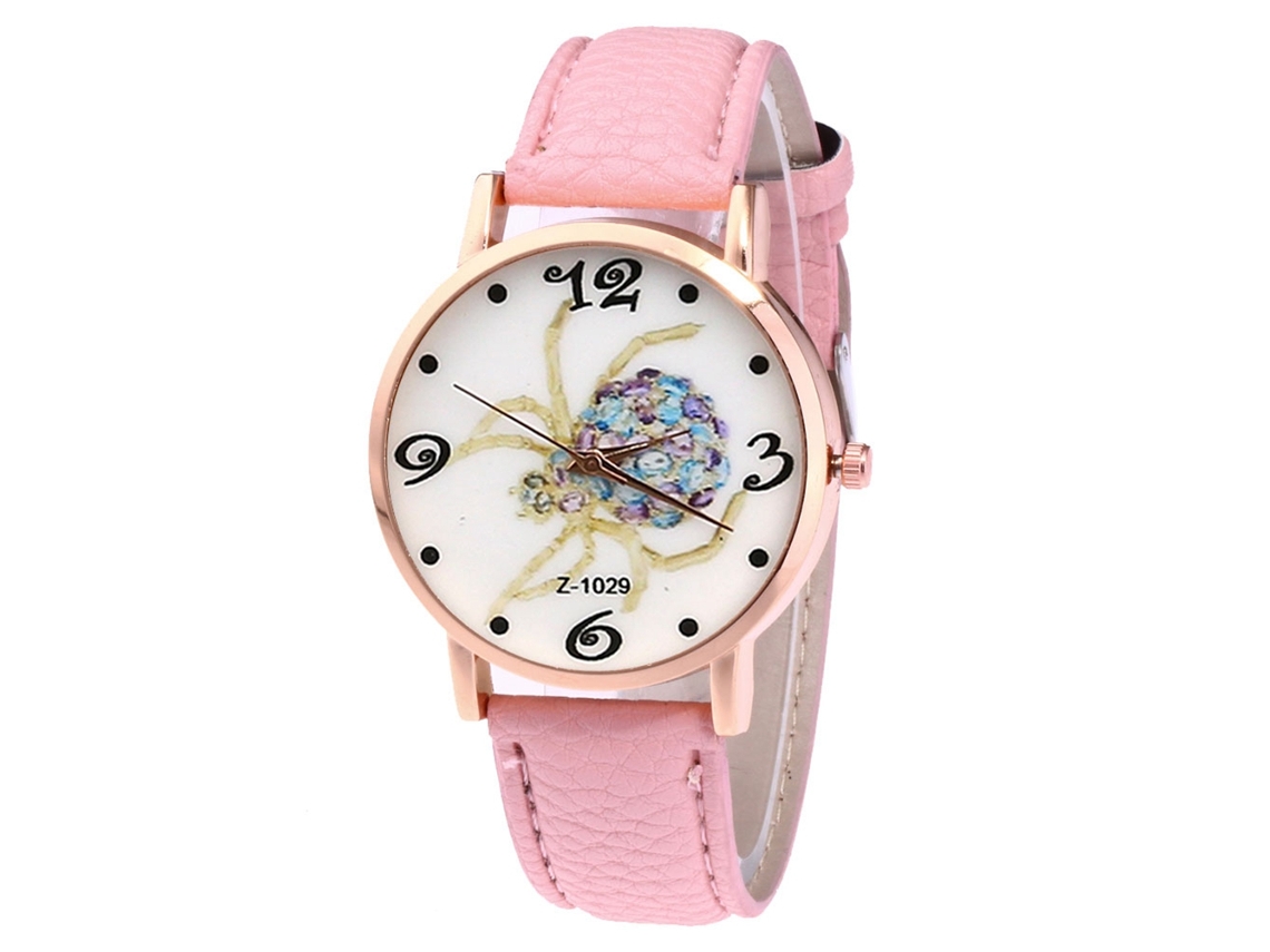 Reloj De Cuarzo Unisex Con Correa De Cuero Pu, Dial Araña, Casual Y Fashion (rosa)