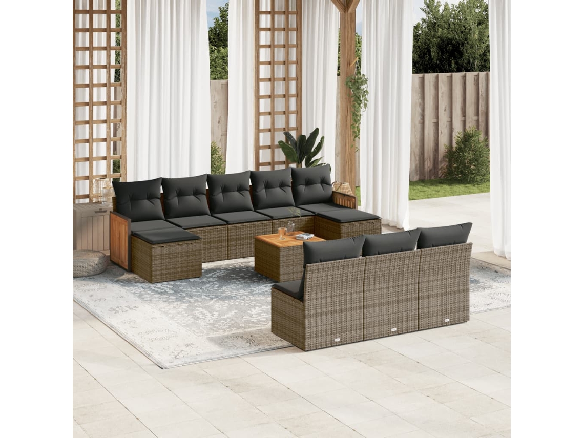 Vidaxl 11 Pcs Conjunto Sofás De Jardim C/ Almofadões Vime Pe Cinzento