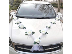 Conjunto De Decoração Para Carro De Casamento Com Tule E Flores De Seda, Lavável E Reutilizável Branco
