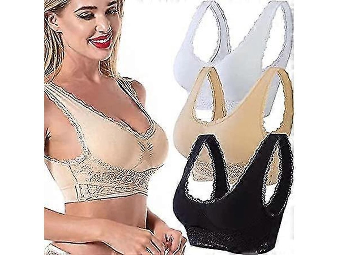 3 Peças De Sutiã Sem Fio De Modelagem Turmalina, Reforço De Lifting Cruzado Frontal, Costura Lateral Ajustável, Renda Sexy M Branco-preto-bege