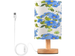 Abajur De Cabeceira Led Em Formato Flor Azul Para Quarto, Luminária De Leitura Com Portas Usb E Cúpula Tecido Para Sala