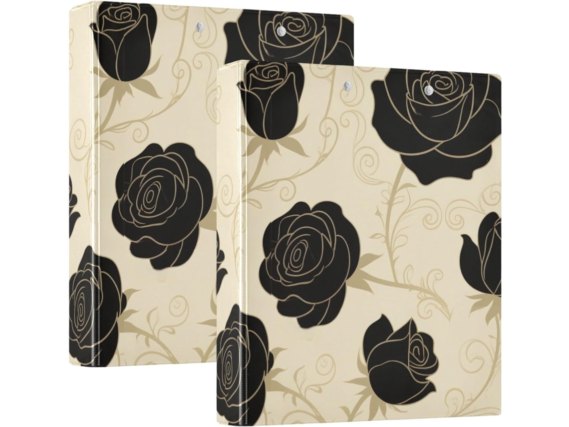 Pasta Escolar Moderna Com Estampa Floral Preta E Dourada Rosê, 3 Argolas, Bolsas Internas, Embalagem Com 1 ou 2 Unidades, 200 Folhas