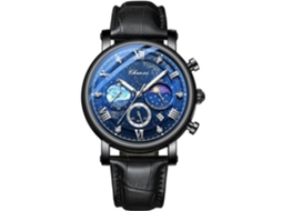 Lurelia Relógio Cronógrafo Masculino, Analógico, Luminoso, Detalhes Com Strass, Fase Da Lua, Aço Inoxidável, Couro, Resistente À Água 30m, Dourado