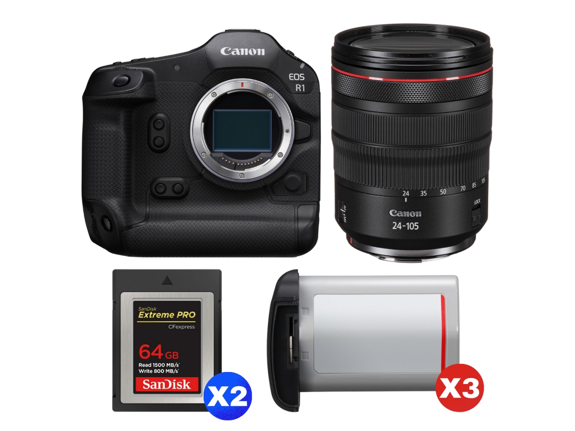 Eos R1 + Rf 24 105mm F/4 L Is Usm + 2 Sandisk 64gb Extreme Pro Cfexpress Type B + 3 Canon Lp e19 + Ebook “20 Dicas para Fotos Que Impressionam” CANON