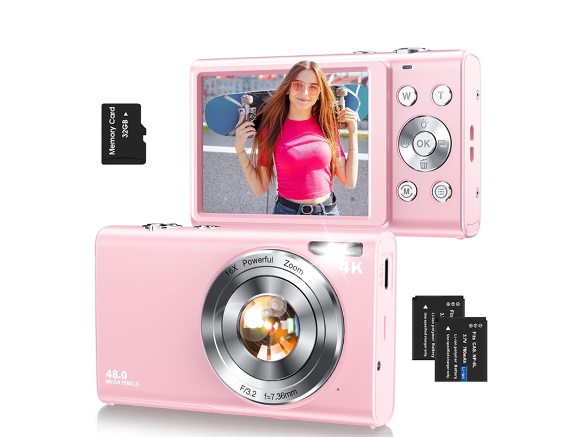 Câmera Digital 4k Ultra Hd De 48 Mp Com Foco Automático E Tela Ips De 2,8" - Presente Ideal Para Meninos, Meninas E Estudantes (rosa)