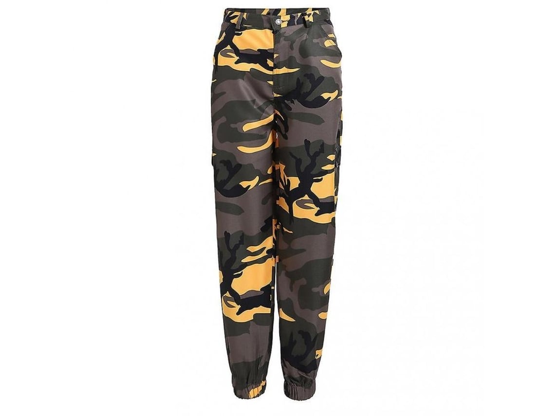Calça cargo feminina Rebe camuflada, estilo hip hop, com bolsos amplos e largura no quadril, tamanho 2XL, amarela.