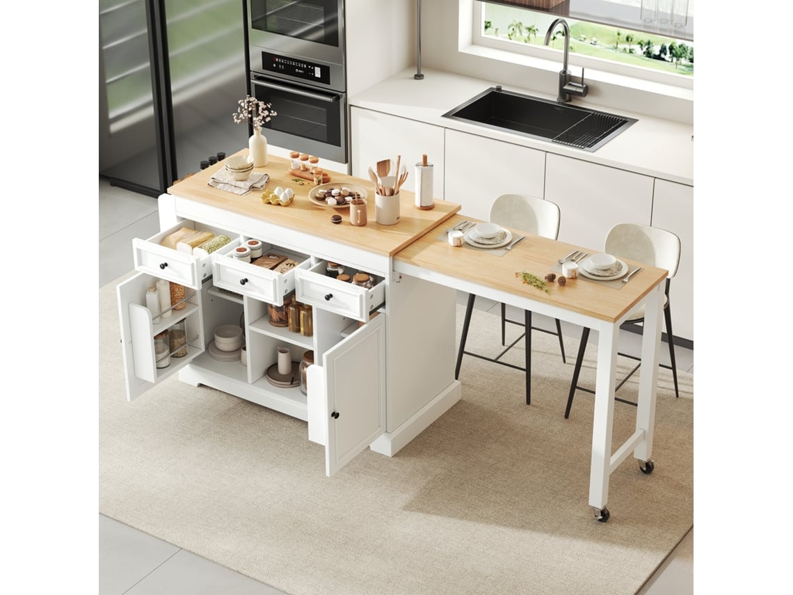 Ilha Central Com Gavetas E Rodas Em Mdf Branco E Natural