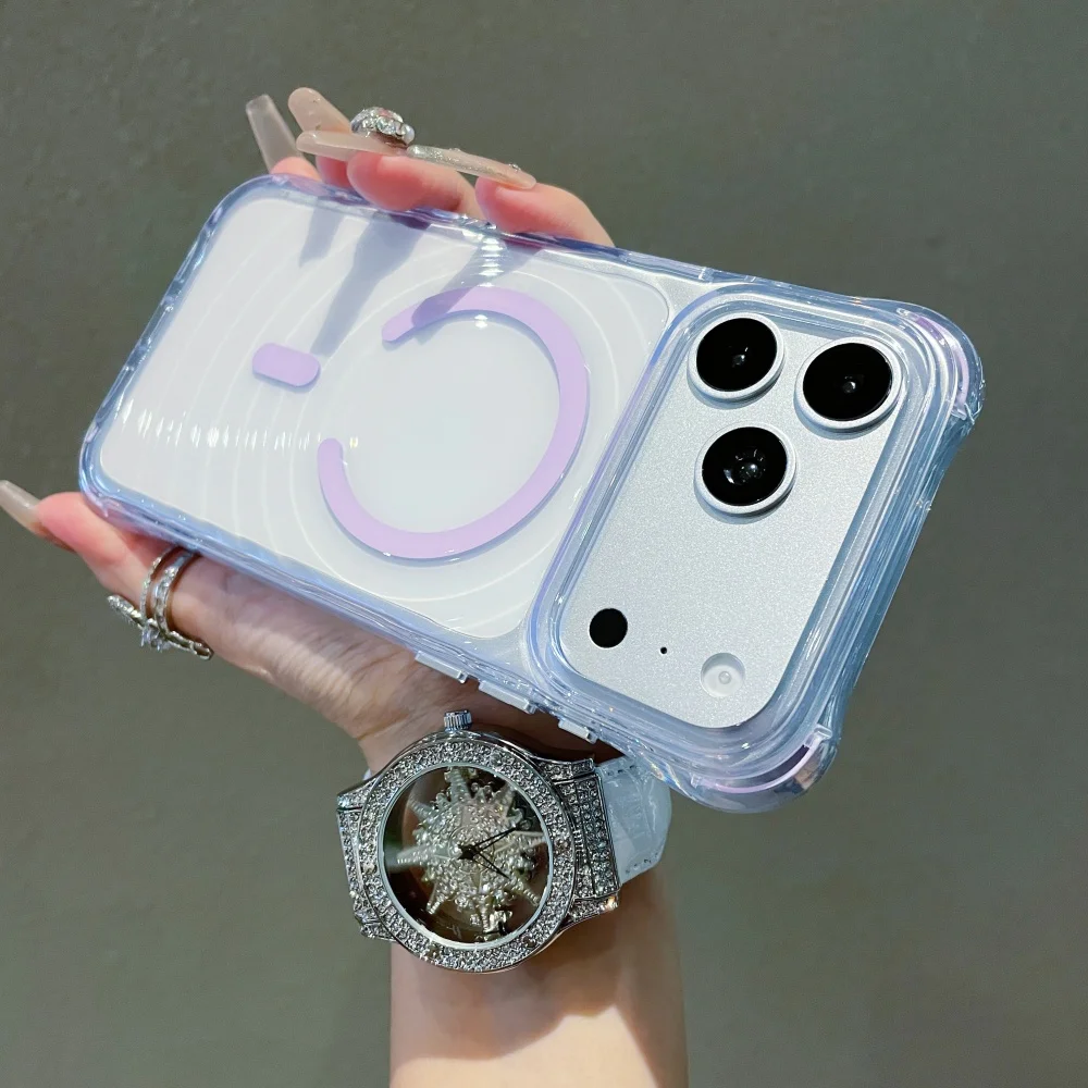(roxo Claro, Iphone 16) Capa Magnética Magsafe Com Textura Ondulada, Capa Protetora Transparente Com Amortecimento De Ar.