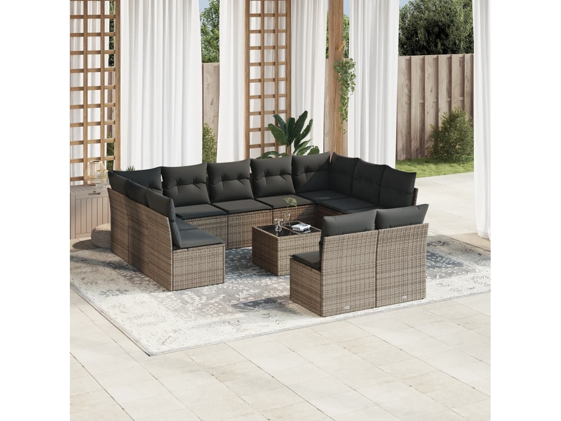 Vidaxl 12 Pcs Conjunto De Sofás Jardim C/ Almofadões Vime Pe Cinzento