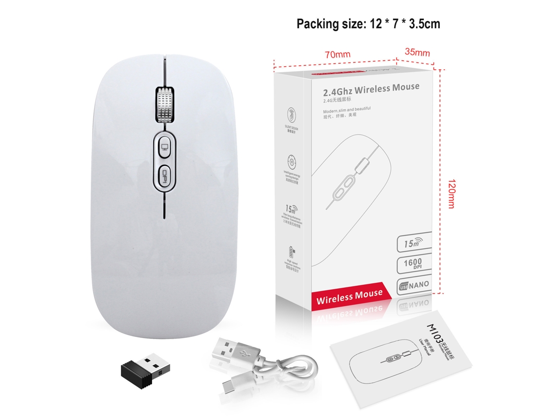 Mouse sem fio recarregável e silencioso de 2,4 GHz com botão de retorno para mesa AQUAFORGE