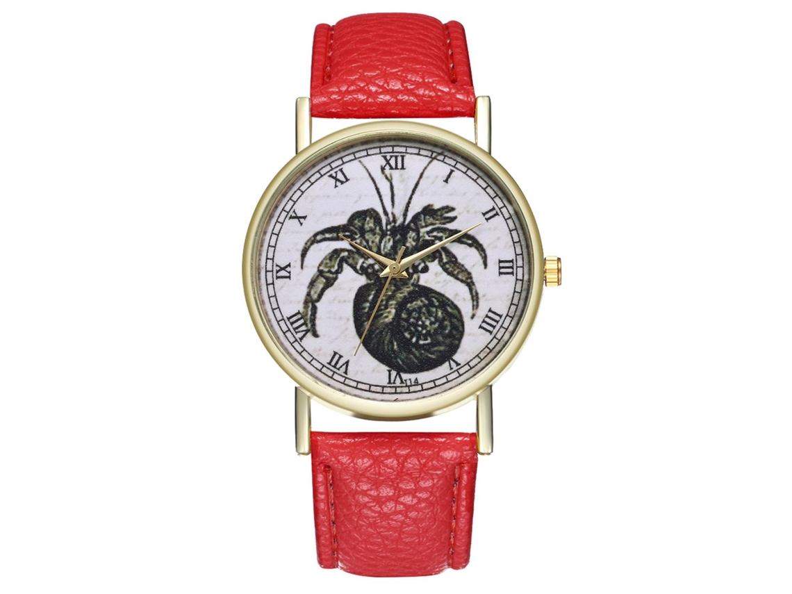 Relógio feminino de quartzo com pulseira de couro PU, mostrador redondo grande e moderno na cor vermelha.